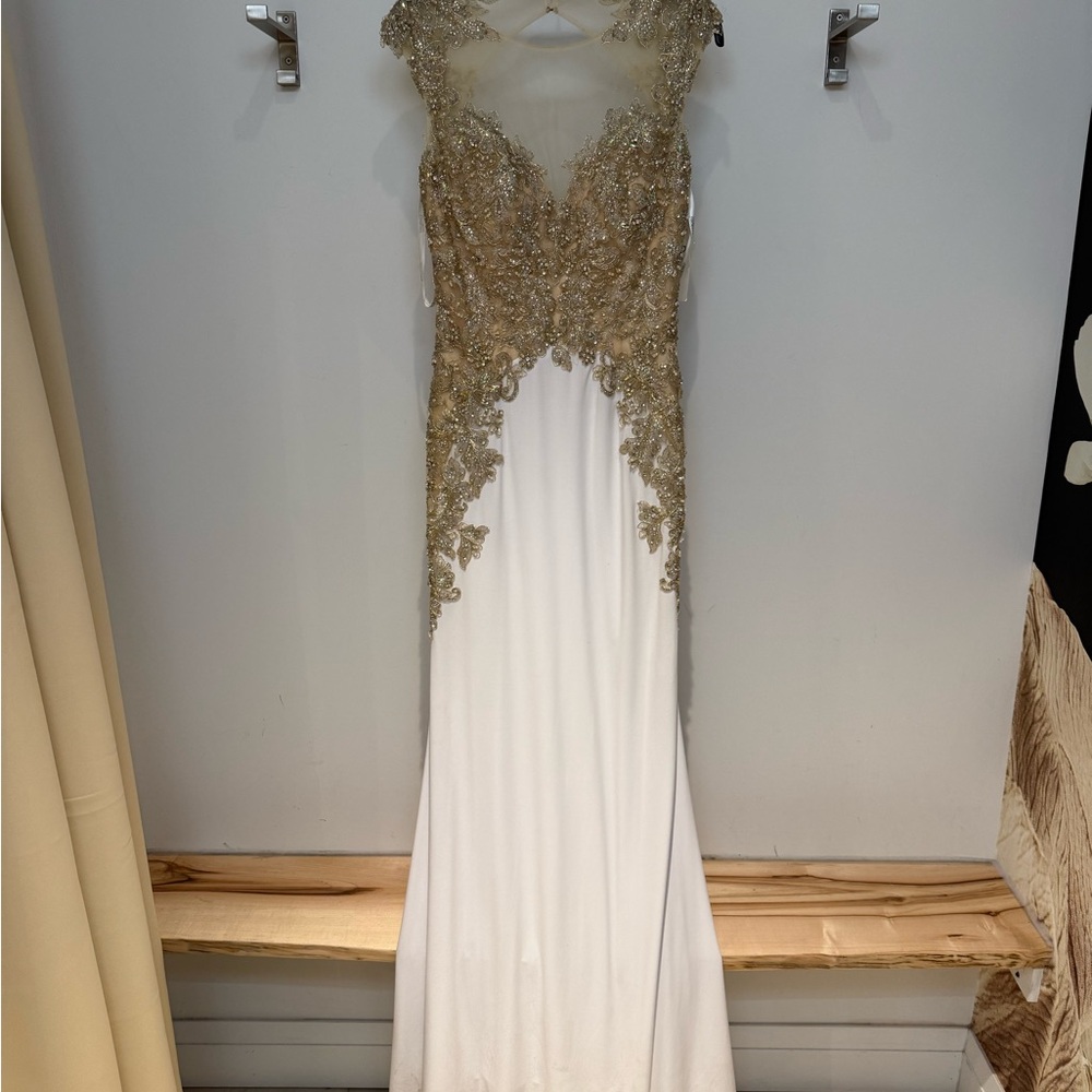 Tony Bowls Gold Embellished White Gown